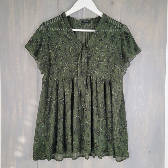 Jacob Tops - Jacob Paisley Sheer Babydoll Blouse Women Medium Green Short‎ Sleeve Pleated